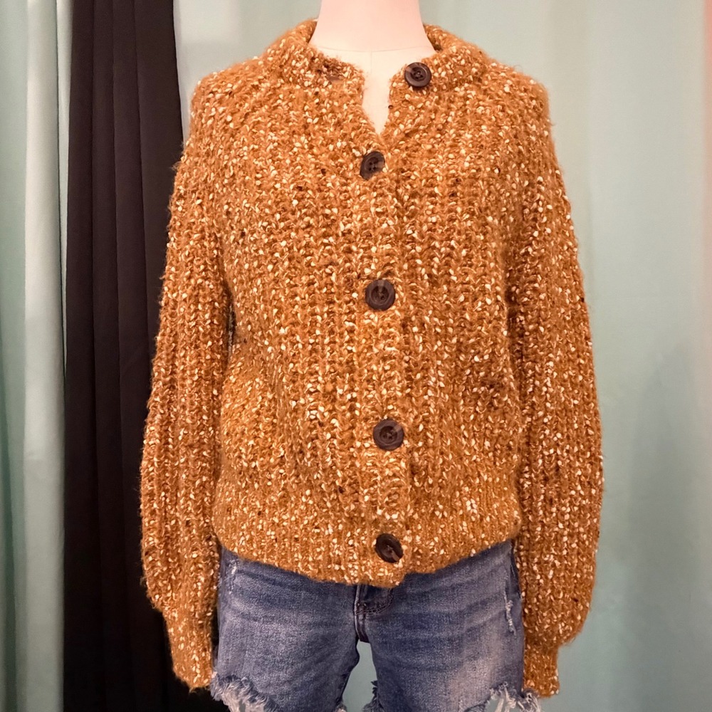 Melrose & Market Textured Button Cardigan Brown Gold S Fluffy Knit Boho Fall NWT